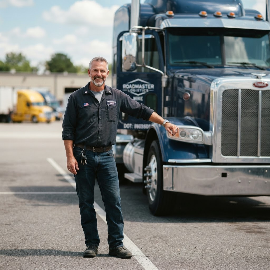 Professional truck driver standing next to a semi-truck cab
