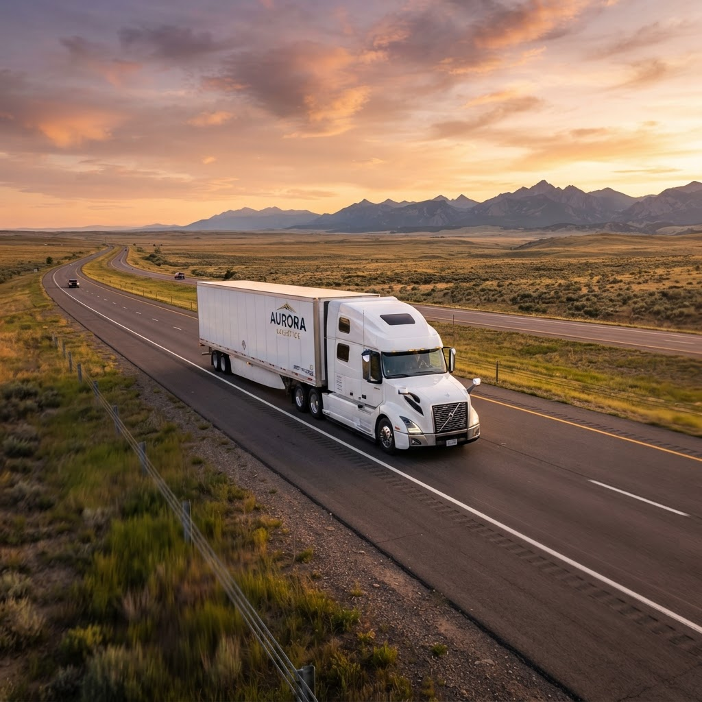 Semi-truck driving on an open American interstate highway at golden hour